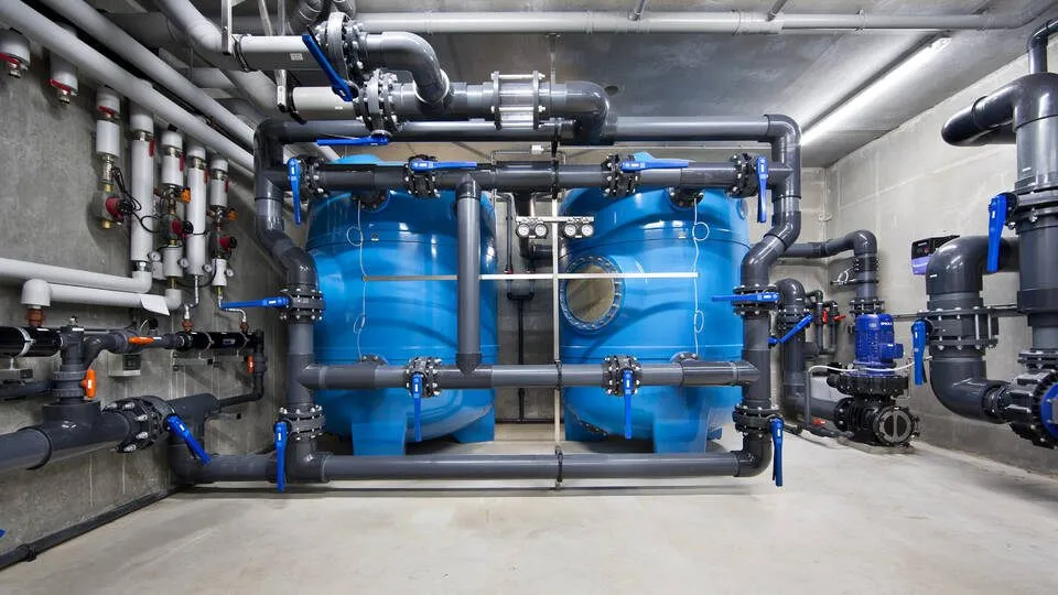 Commercial pool mechanical room with filtration system
